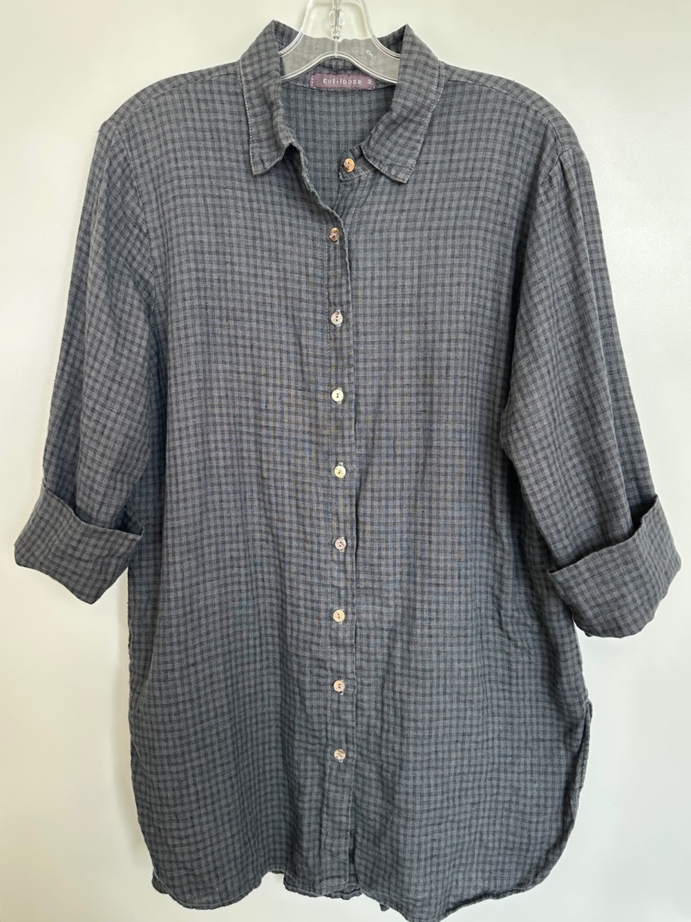 Cut Loose Grey Checked Linen Tunic Button-Up (Medium)
